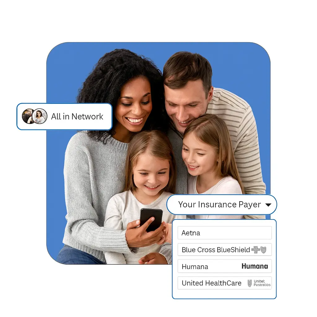 Family reviewing insurance credentialing options with payer dropdown list