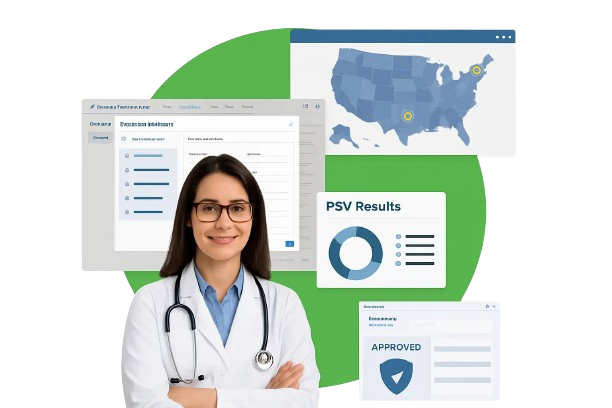 Female medical doctor portrait with green circular backdrop for insurance credentialing website
